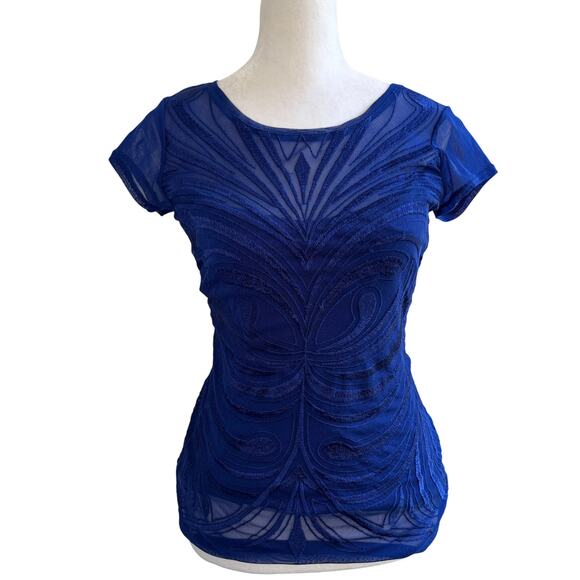 Royal Blue Y2K Embroidered Design Sheer T-Shirt Small 2000s Gen Z Fitted Moody - Picture 1 of 7